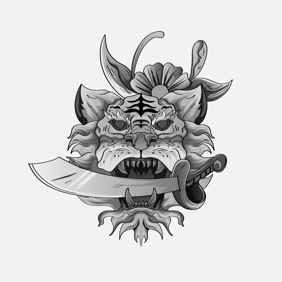 conception d'impression de tatouage de style japon tigre noir et blanc pour t-shirt. . illustration vectorielle pour livre de coloriage, t-shirts, art du tatouage, design boho, affiches, textiles. illustration vectorielle isolée vecteur