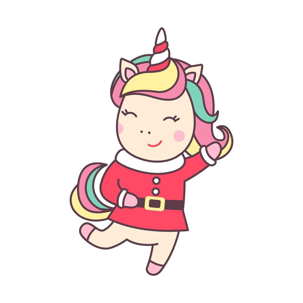 Licorne de personnage kawaii mignon noël en costume de père noël isolé sur fond blanc. élément de conception de vacances pour carte de voeux et impression pour t-shirt. illustration vectorielle. vecteur