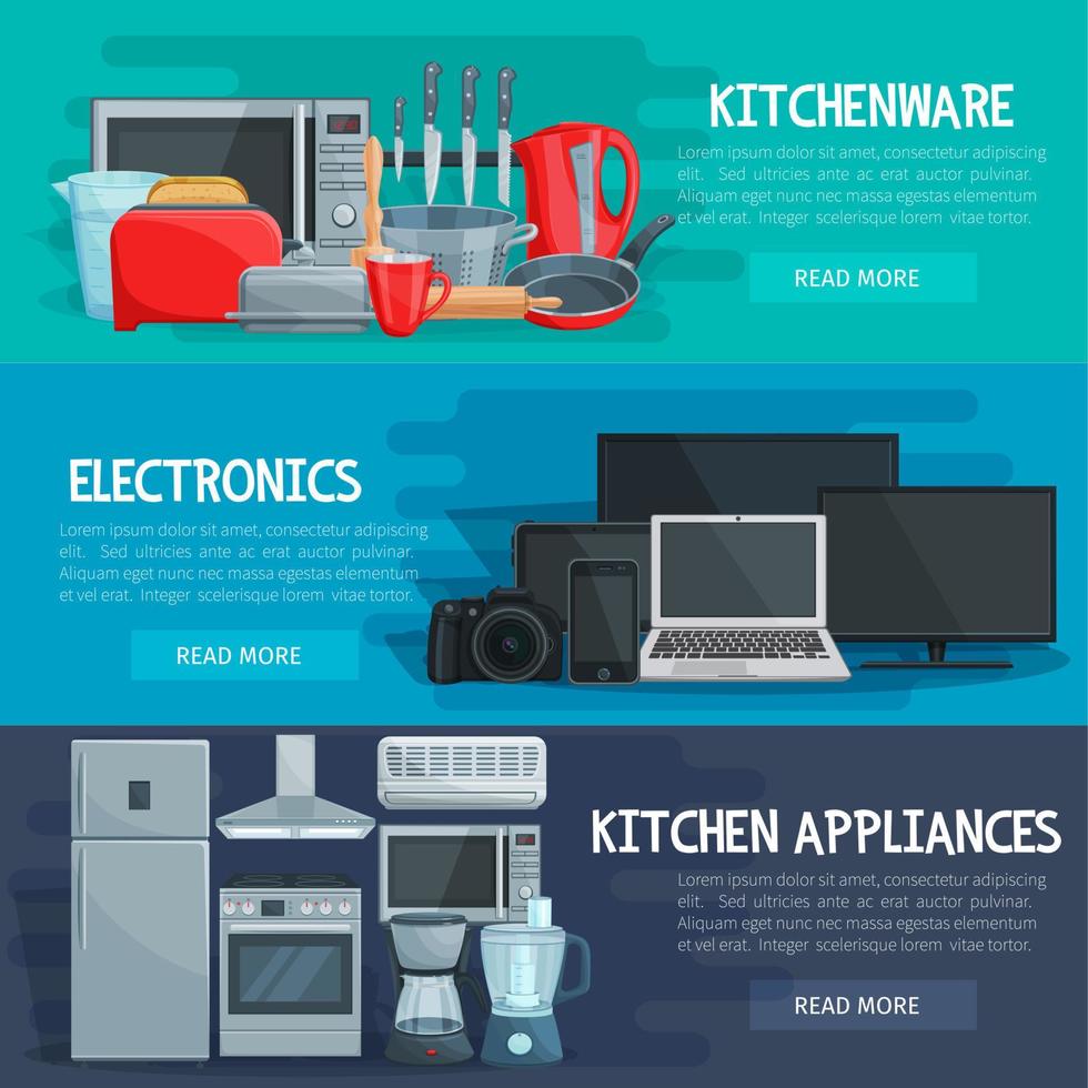 bannière d'appareils ménagers d'ustensiles de cuisine, d'électronique vecteur