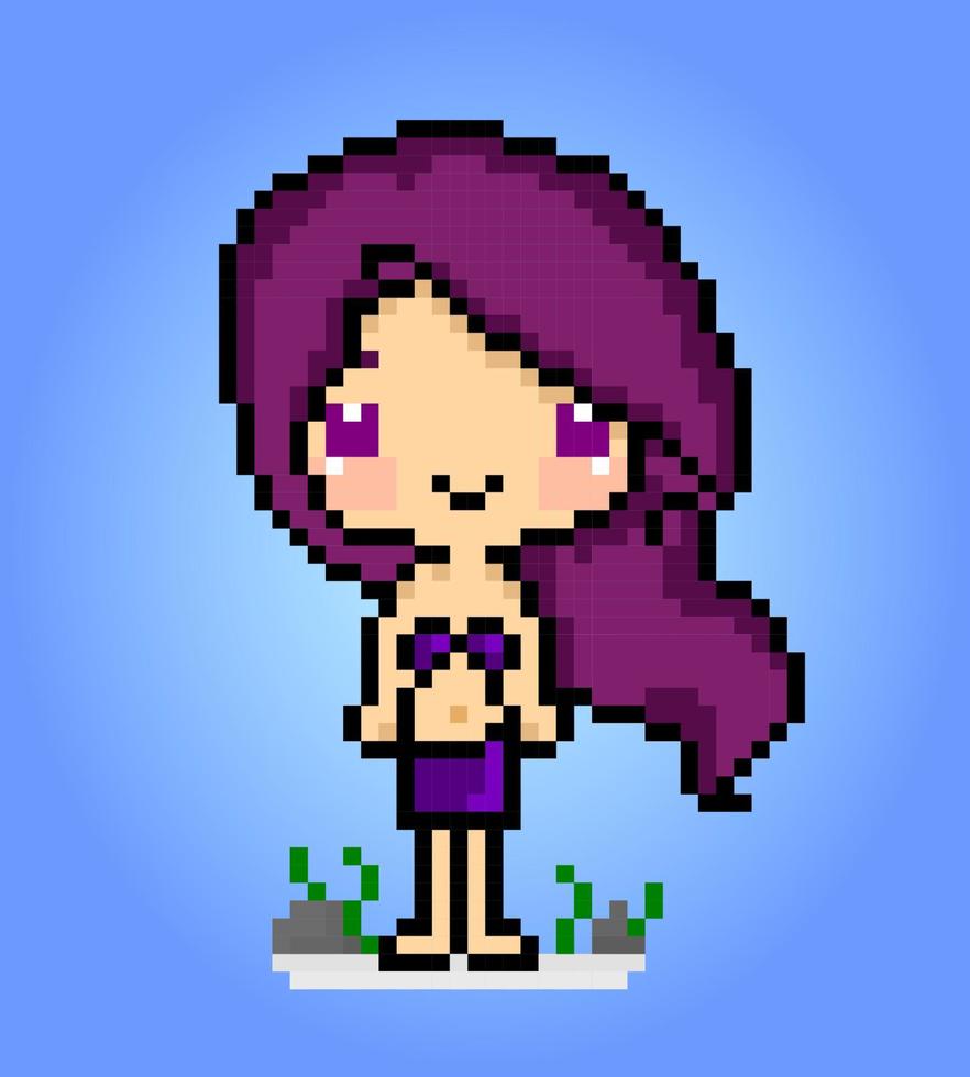 personnages de petite fille sur pixel art 8 bits. femme de bande dessinée dans les illustrations vectorielles. vecteur