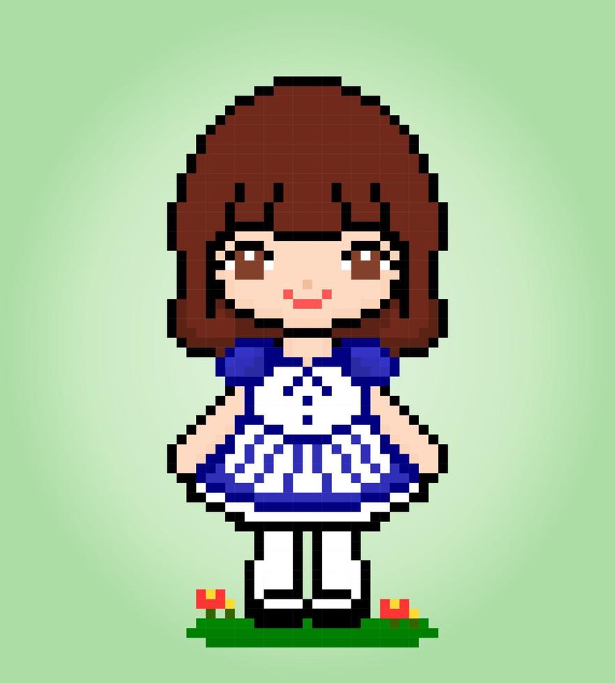 personnages de petite fille sur pixel art 8 bits. femme de bande dessinée dans les illustrations vectorielles. vecteur