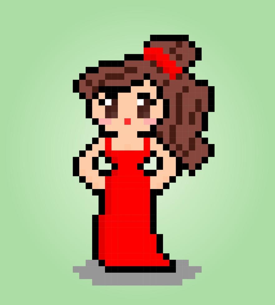 personnages de petite fille sur pixel art 8 bits. femme de bande dessinée dans les illustrations vectorielles. vecteur