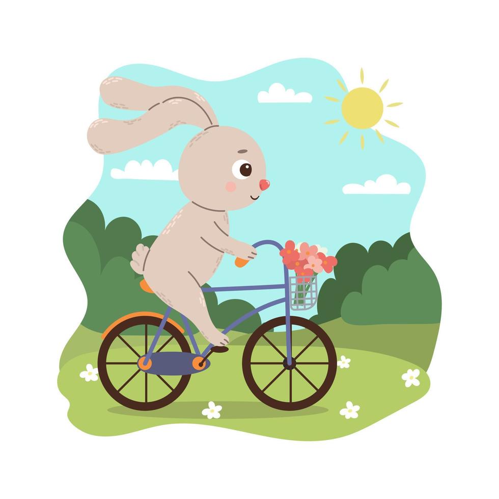 lapin de dessin animé faisant du vélo dans la nature dans un style plat. vecteur