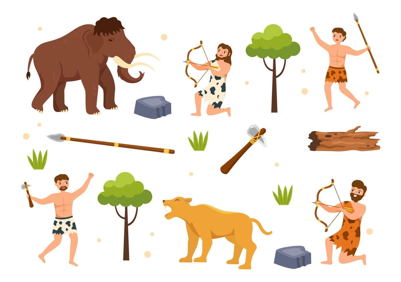 tribus préhistoriques de l'âge de pierre chassant de grands animaux avec une arme dans une illustration de modèle de dessin à la main de dessin animé plat vecteur