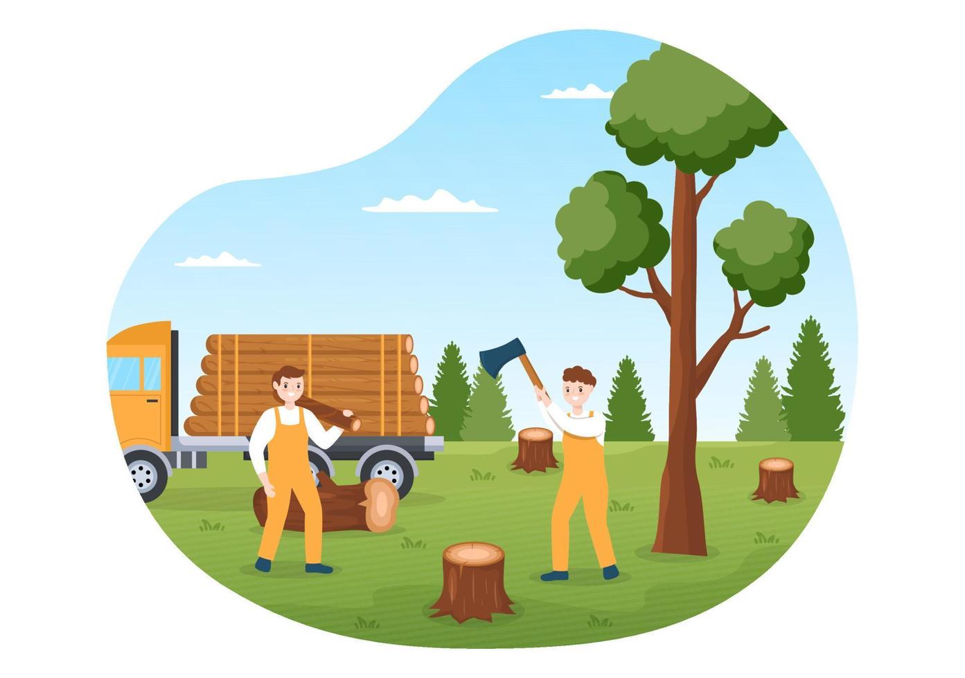 coupe d'arbres de personnes et bois avec camion, tronçonneuse en bois et outils d'exploitation forestière dans la forêt sur illustration de modèles dessinés à la main de dessin animé plat vecteur