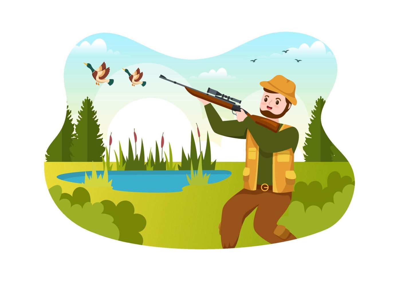 chasseur avec fusil de chasse ou arme tirant sur des oiseaux ou des animaux dans la forêt sur une illustration de modèle de dessin à la main de dessin animé plat vecteur