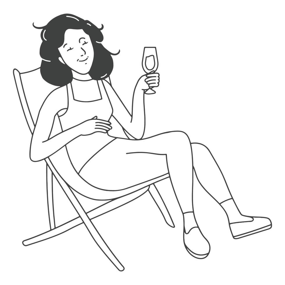 illustration de contour fille relaxante sur la plage avec un cocktail vecteur