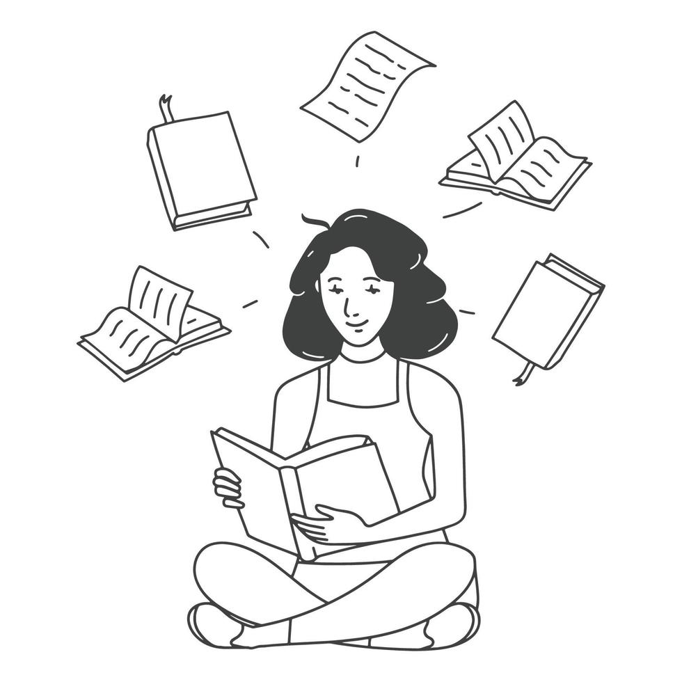 illustration de contour fille étudiant et lisant des livres vecteur