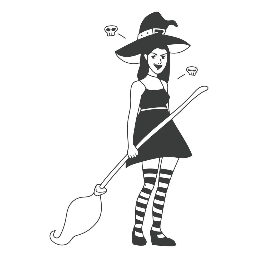 illustration de contour fille dans un costume de sorcière pour halloween vecteur