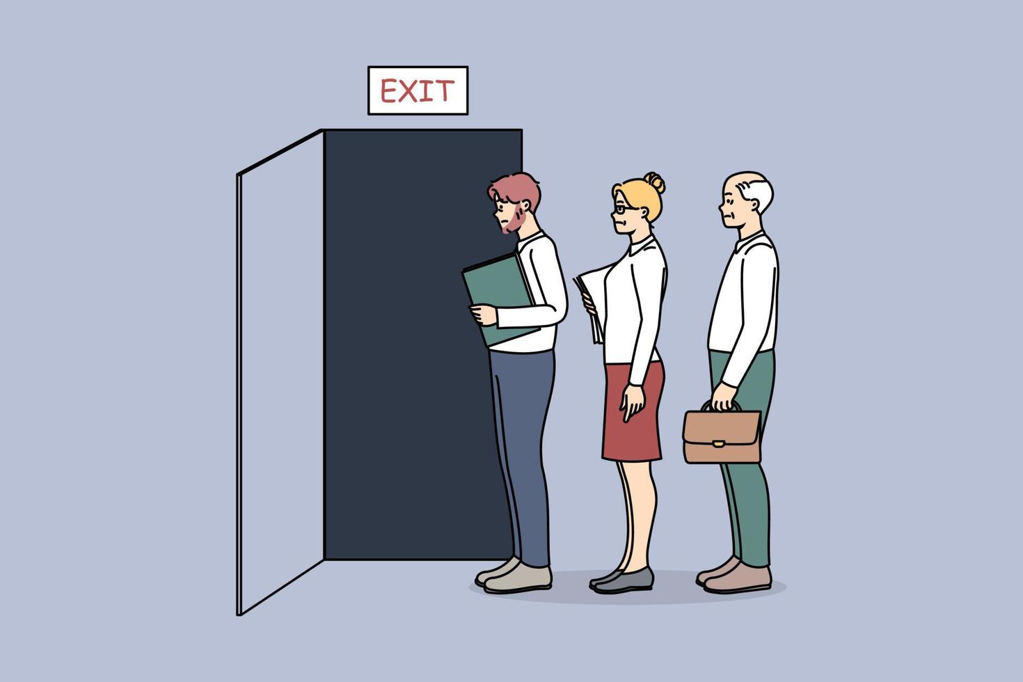 les personnes faisant la queue pour sortir ont fait quitter leur emploi au bureau. divers employés en ligne pour quitter le lieu de travail. démission et licenciement, licenciement des travailleurs. illustration vectorielle. vecteur