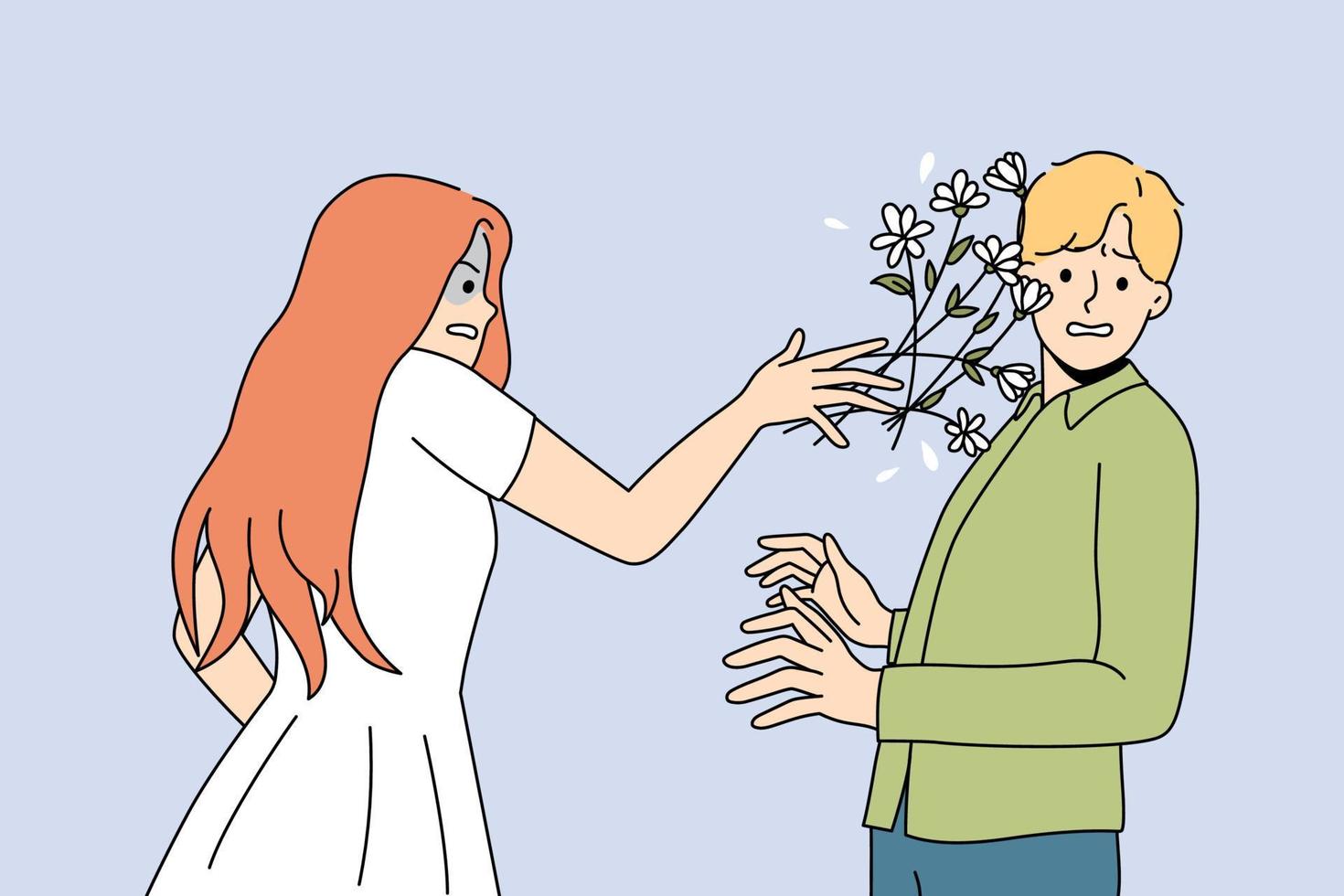 une femme en colère jette un bouquet de fleurs sur le visage de l'homme en détresse avec une mauvaise date. une femme folle malheureuse rejette l'amant ou l'admirateur masculin. les relations se terminent et le concept de rupture. illustration vectorielle. vecteur