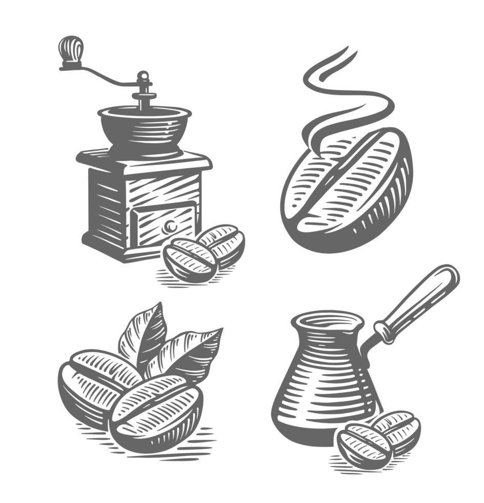 grains de café, moulin à café avec dessin cezve. vecteur