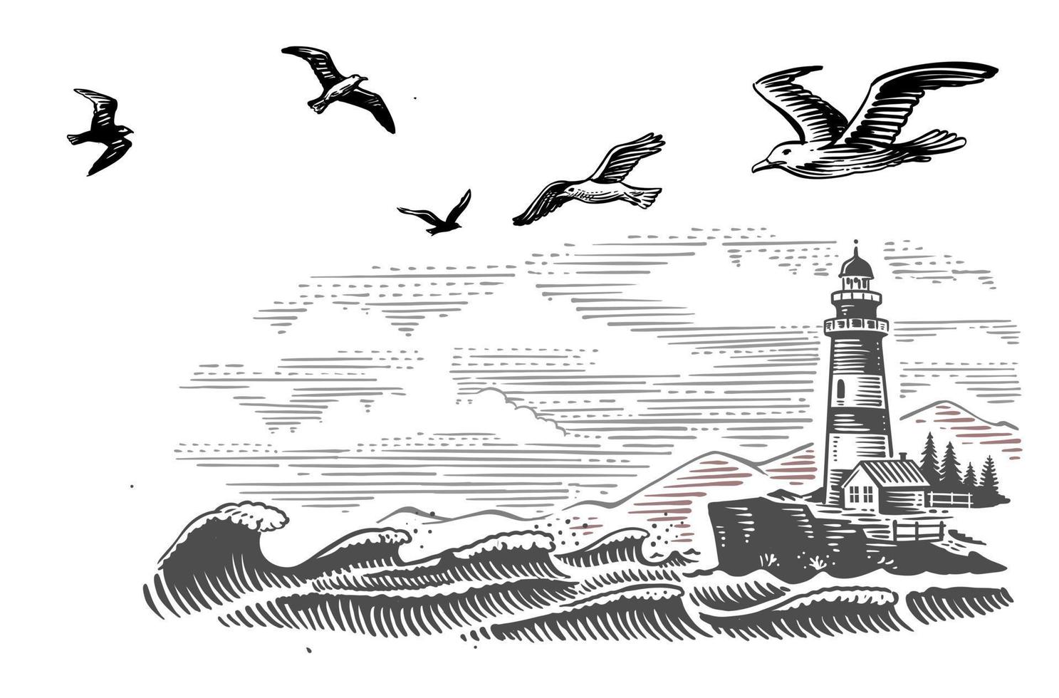 dessin vectoriel de phare, paysage marin et nature