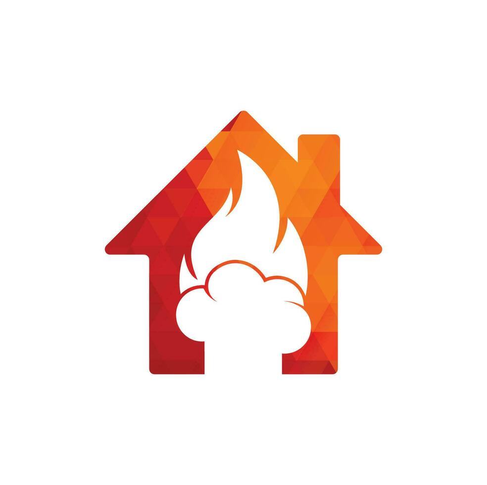 conception de logo vectoriel de concept de forme de maison de chef chaud. chapeau de chef avec une icône de vecteur de flamme.