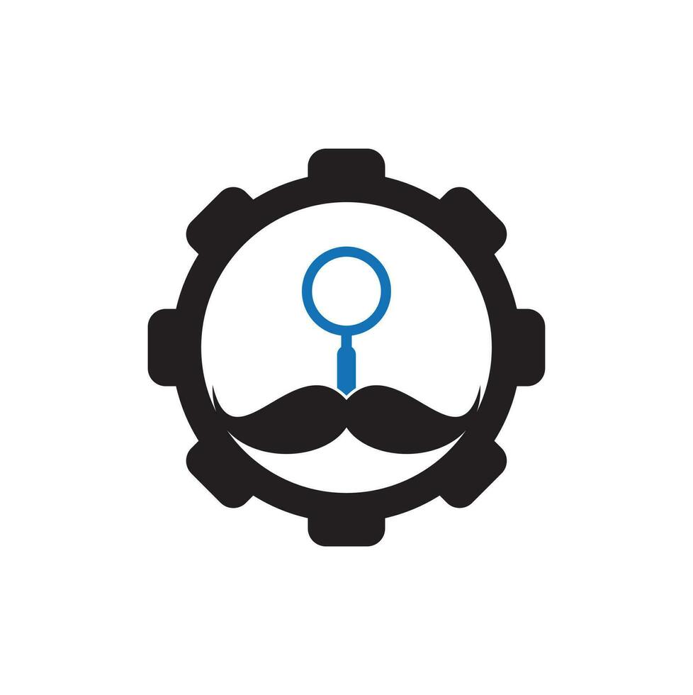 modèle de conception de logo de concept de forme d'engrenage de moustache de recherche. moustache et loupe pour un logo d'espion détective. vecteur