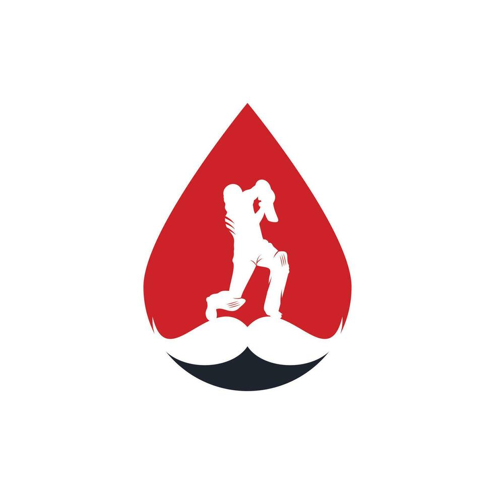 conception de logo vectoriel de concept de forme de chute de cricket forte. conception d'icône vectorielle de moustache et de joueur de cricket.