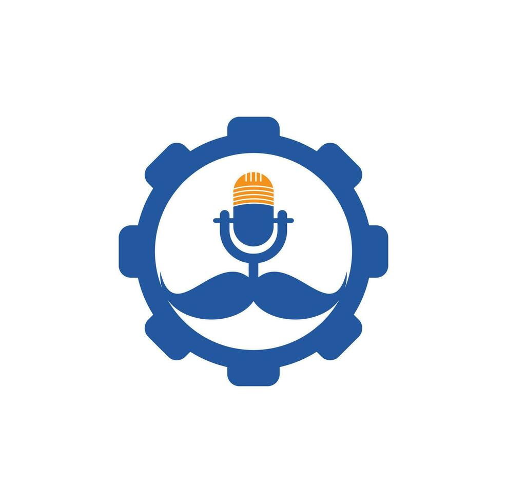 modèle de conception de logo vectoriel d'engrenage de podcast fort. modèle de conception de logo de podcast gentleman. icône de podcast de moustache.