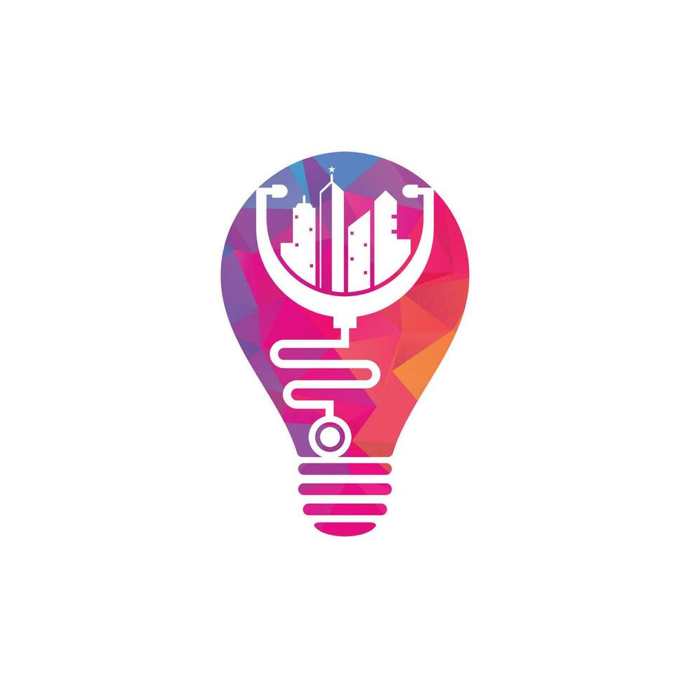 modèle de logo vectoriel de forme d'ampoule de ville médicale. stéthoscope et vecteur de la ville. logo médecine de ville