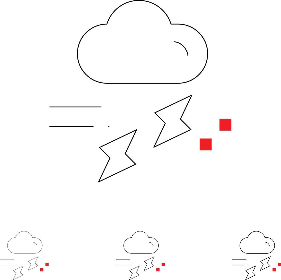 nuage pluie pluie pluvieux tonnerre audacieux et mince ligne noire jeu d'icônes vecteur