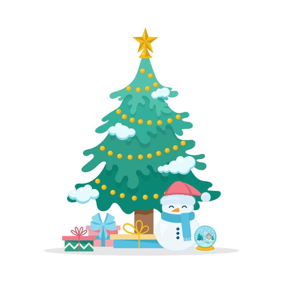 sapin de noël avec bonhomme de neige et cadeaux. illustration vectorielle vecteur