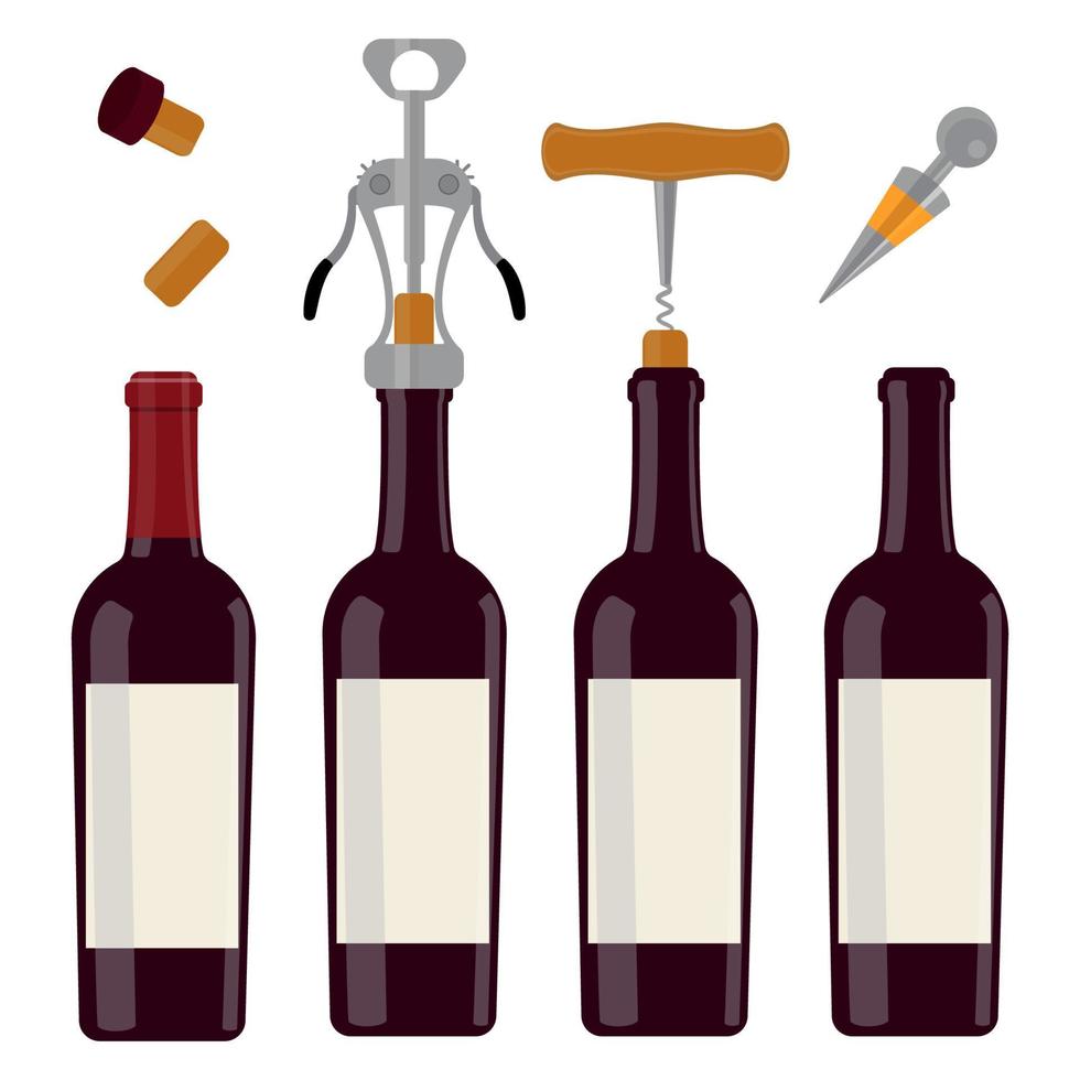 un ensemble de bouteilles de vin ouvertes et fermées. un ensemble de bouchons de bouteilles. un tire-bouchon. illustration vectorielle. vecteur