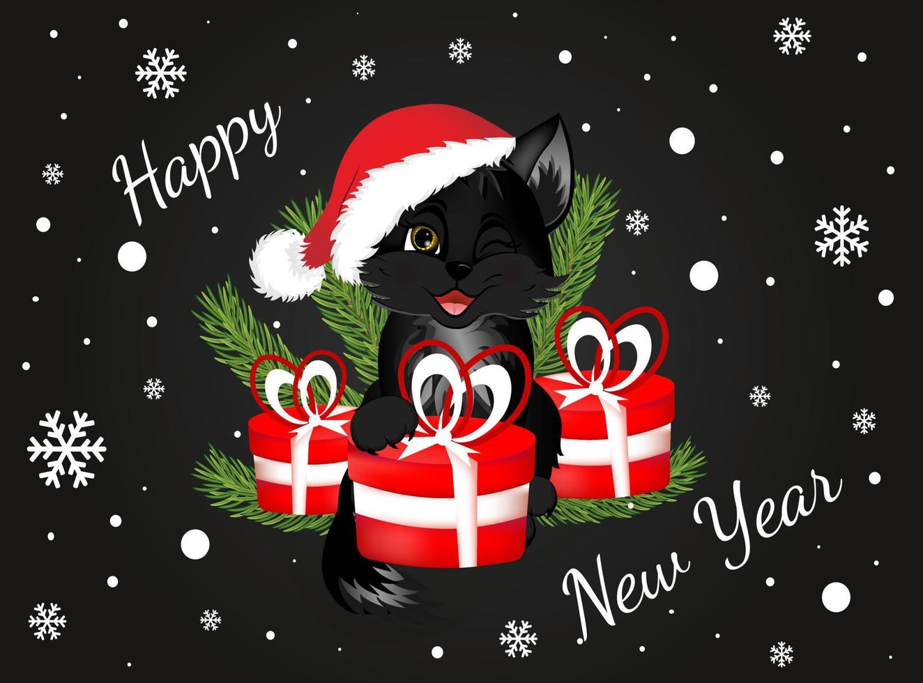 carte postale de voeux. bonne année et joyeux noël avec chat noir et coffrets cadeaux rouges. vecteur