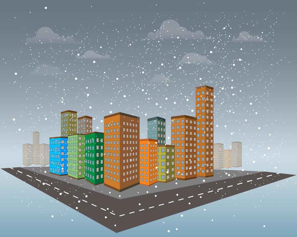ville dans la neige immeubles de grande hauteur de différentes couleurs vecteur