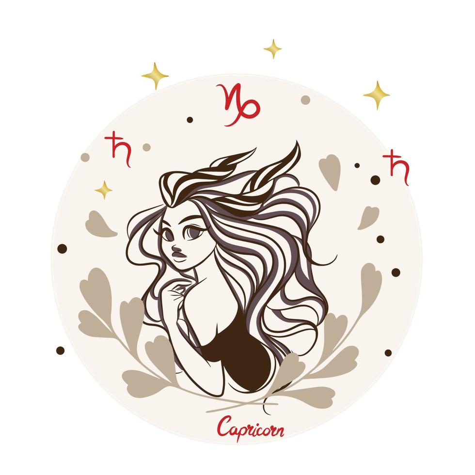 fille avec une belle coiffure, dessin animé, capricorne, signe du zodiaque, décoration vecteur