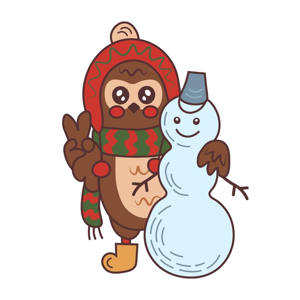 chouette avec illustration de vecteur de dessin animé de bonhomme de neige