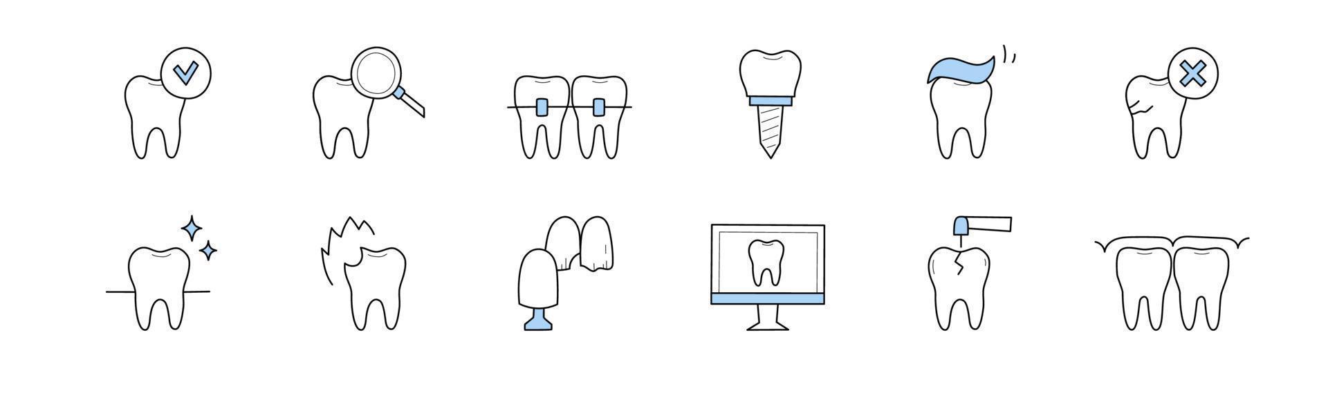 icônes de doodle de dentisterie et de stomatologie, ensemble de signes vecteur