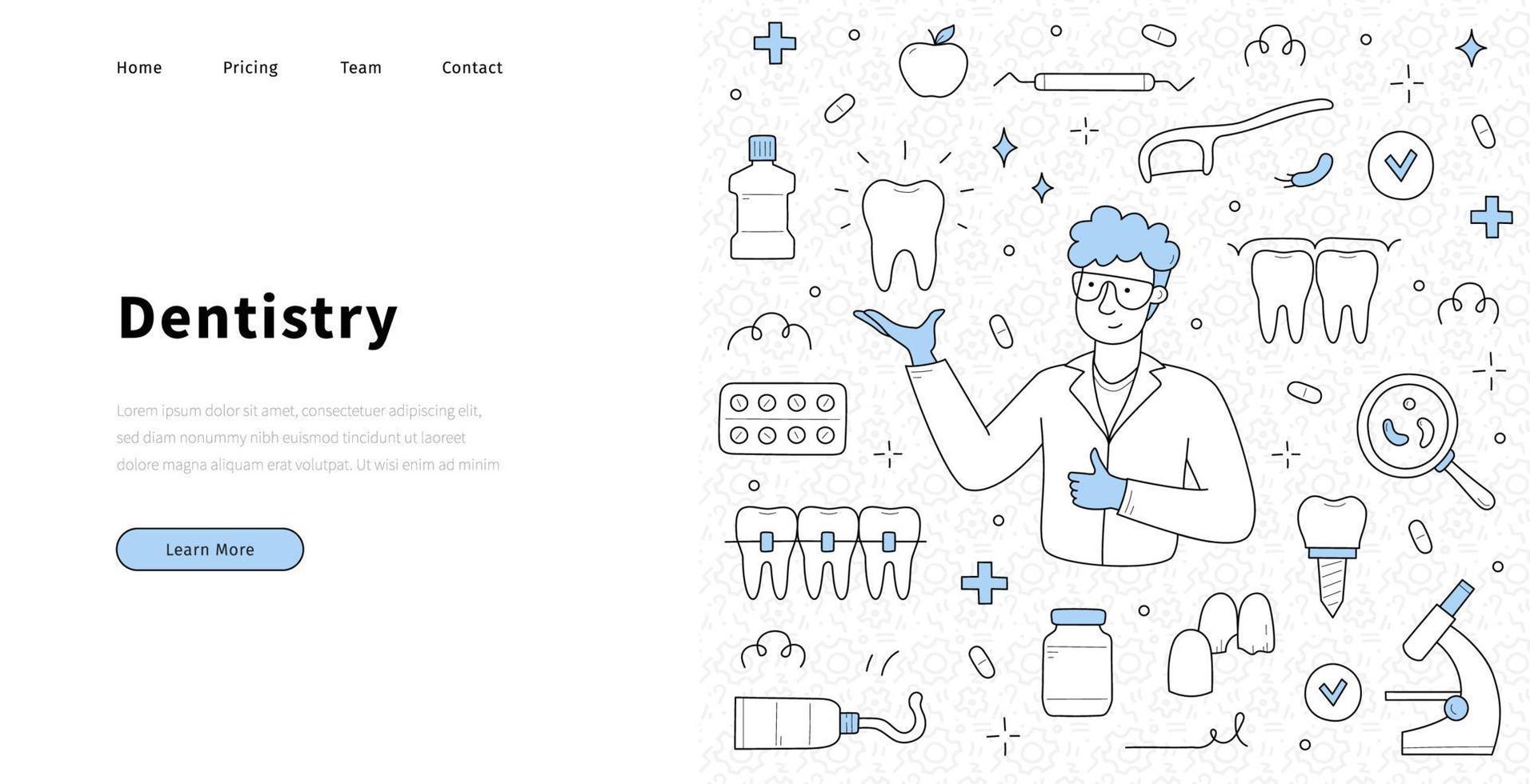 dentisterie stomatologie médecine doodle bannière web vecteur