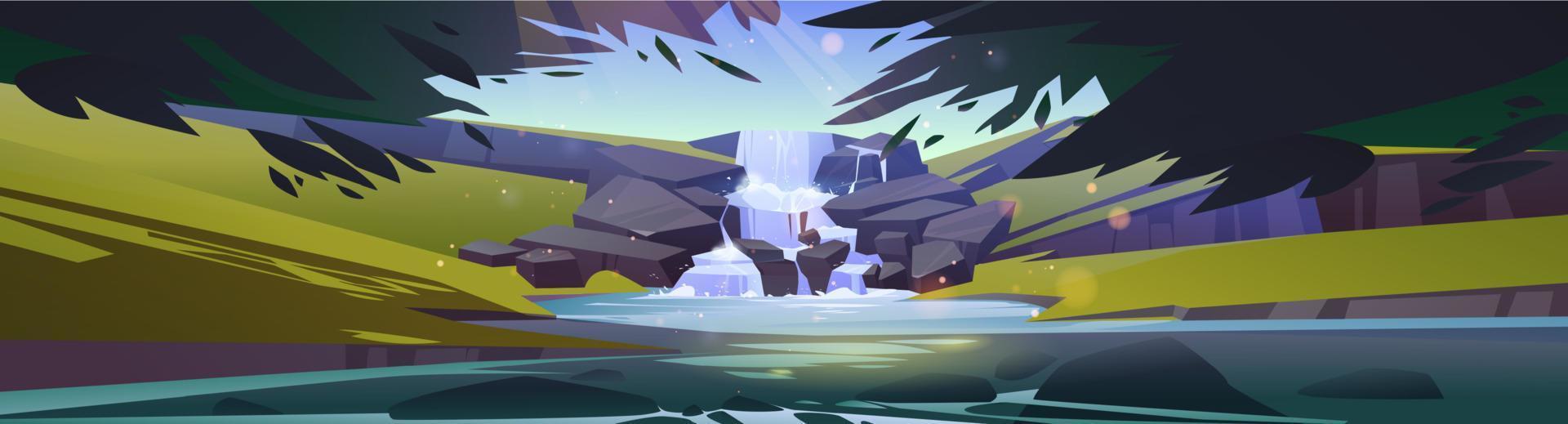 cascade cascade dans le paysage de dessin animé de forêt vecteur