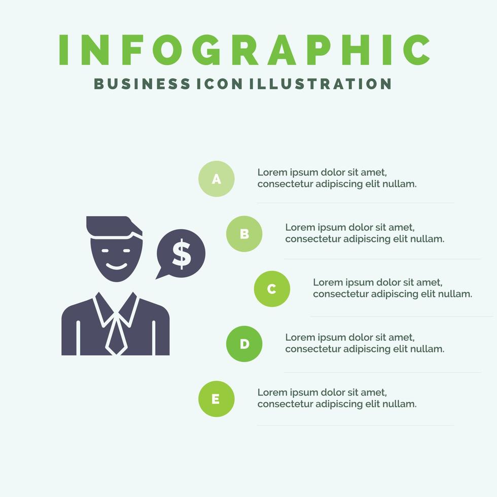 homme travail emploi dollar solide icône infographie 5 étapes présentation arrière-plan vecteur