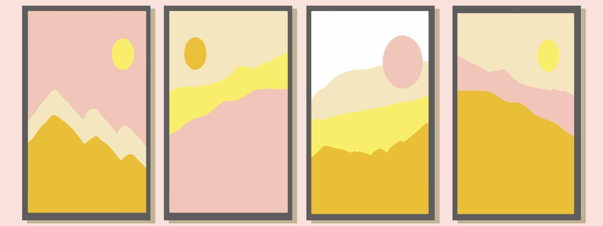 affiches minimalistes abstraites dans un ensemble de couleurs tendance. paysage montagnes et soleil. illustration vectorielle. modèle de carte vecteur
