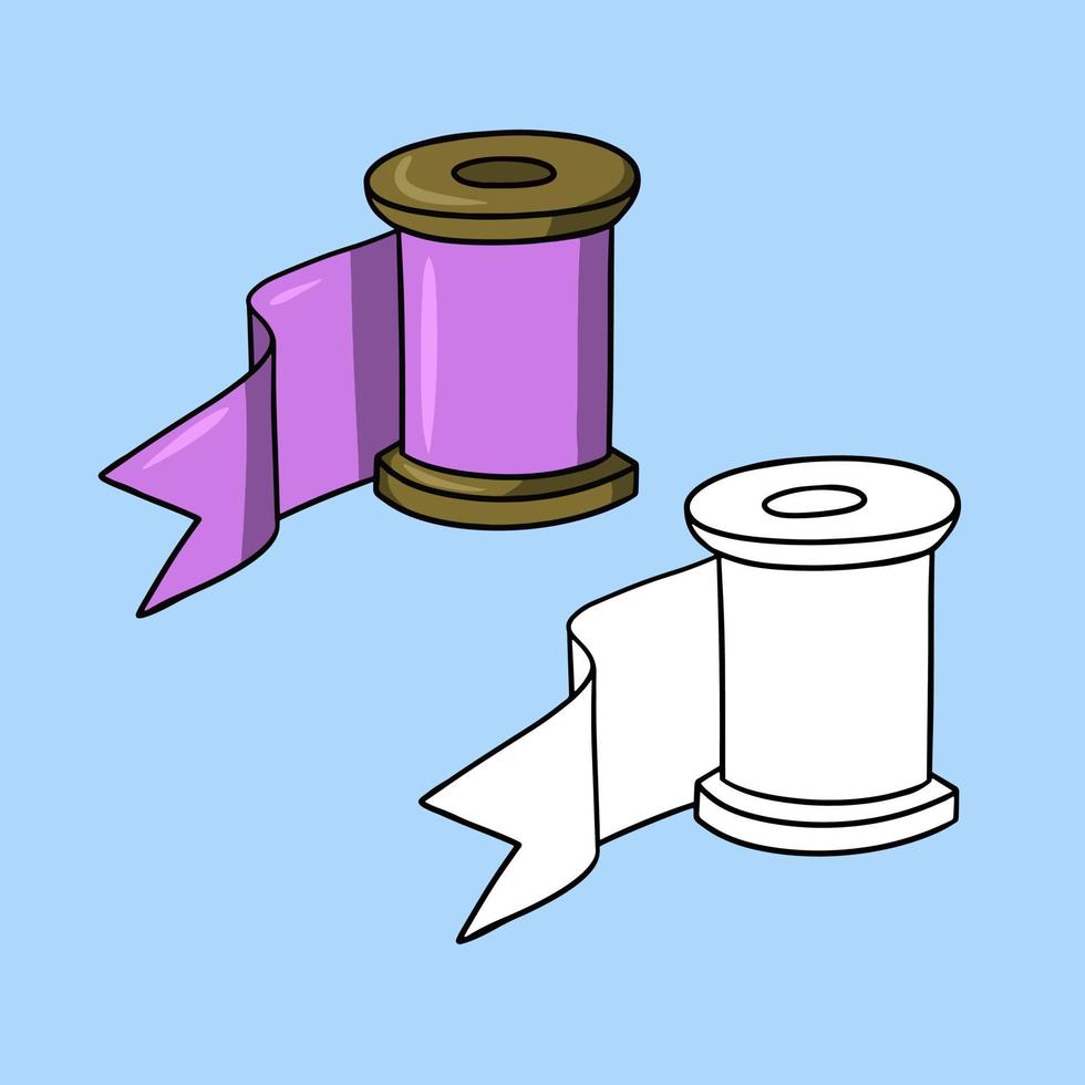 un ensemble d'images, un ruban de soie lilas enroulé sur une bobine en bois, une illustration vectorielle en style cartoon sur fond coloré vecteur