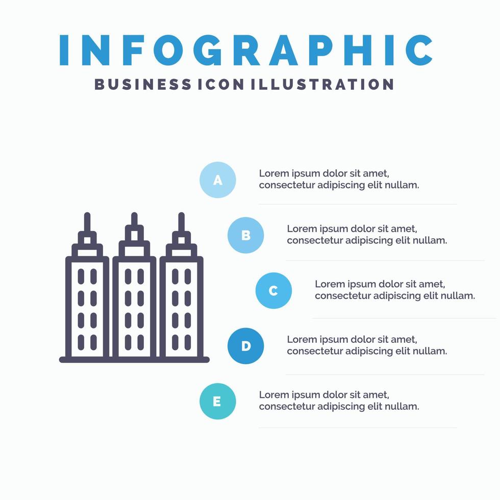 icône de ligne de tour de construction de bâtiment avec fond d'infographie de présentation en 5 étapes vecteur