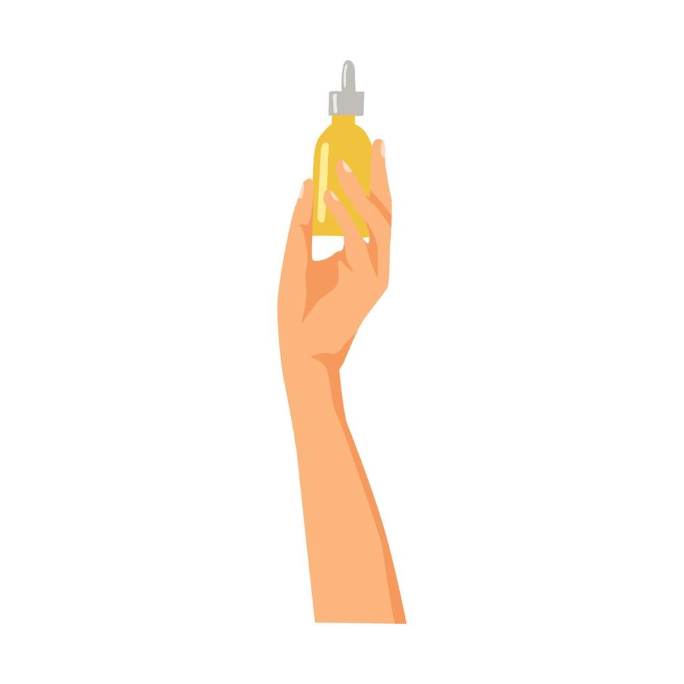illustration des mains de la femme avec différents produits cosmétiques en bouteilles vecteur