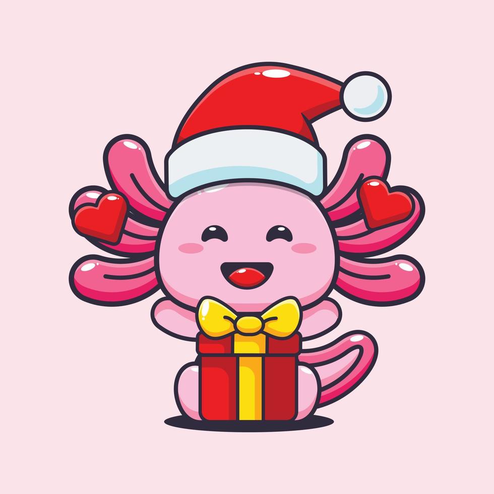 axolotl mignon heureux avec un cadeau de noël. illustration de dessin animé de noël mignon. vecteur