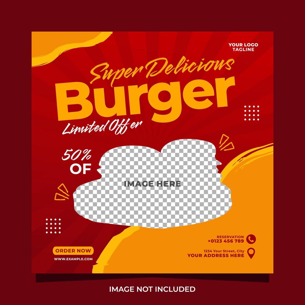 modèle de publication de bannière de médias sociaux super délicieux burger et menu alimentaire vecteur