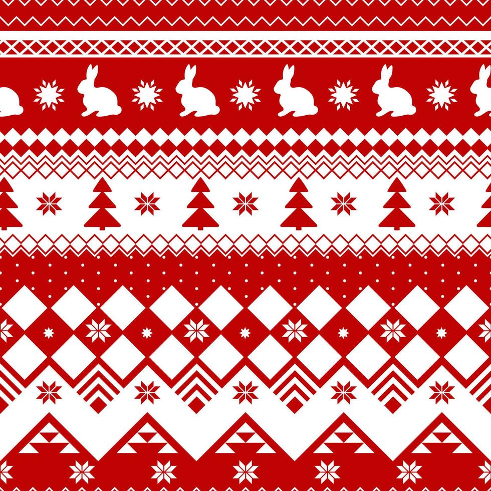 motif de noël sans couture - lapins de noël avec ornement de norvège. fond de bonne année rouge et blanc. conception de vecteur pour les vacances d'hiver. impression pour tissu et étui de téléphone.