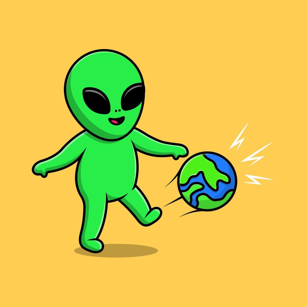 Alien mignon jouant à l'illustration d'icônes vectorielles de dessin animé de terre de football. concept de dessin animé plat. adapté à tout projet créatif. vecteur