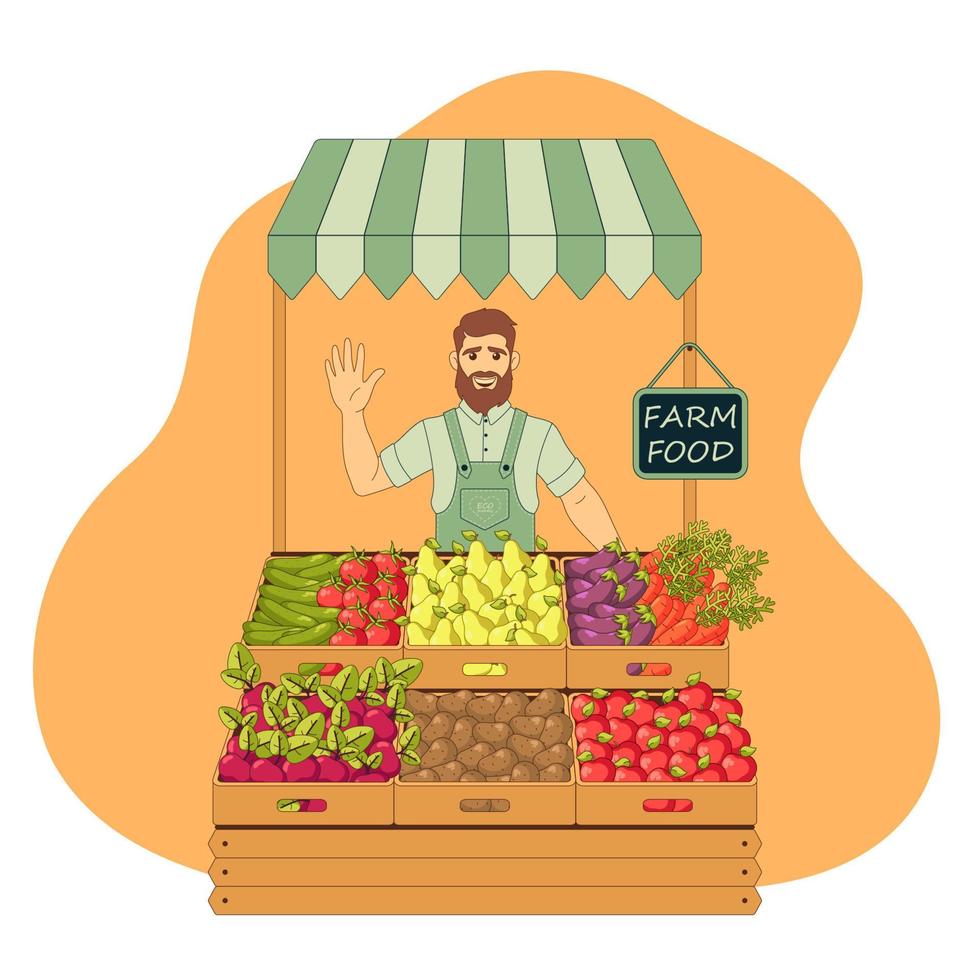 fermier vend des fruits et légumes. magasin de la ferme. marché local. propriétaire d'entreprise travaillant dans son propre magasin. illustration de vecteur de dessin animé. nourriture fraîche.