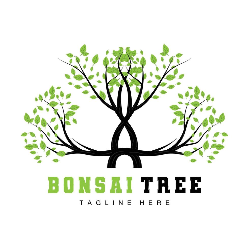 création de logo d'arbre vert, illustration de logo de bonsaï, vecteur de feuilles et de bois