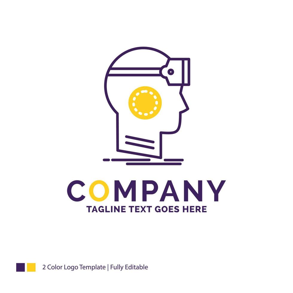 création de logo de nom de société pour vr. googles. casque. réalité. virtuel. conception de nom de marque violet et jaune avec place pour le slogan. modèle de logo créatif pour petites et grandes entreprises. vecteur