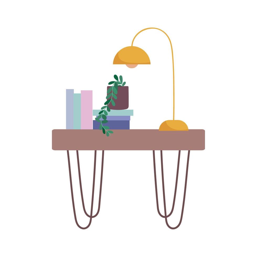 Livres lampe et plante sur table decoraiton icône du design isolé fond blanc vecteur