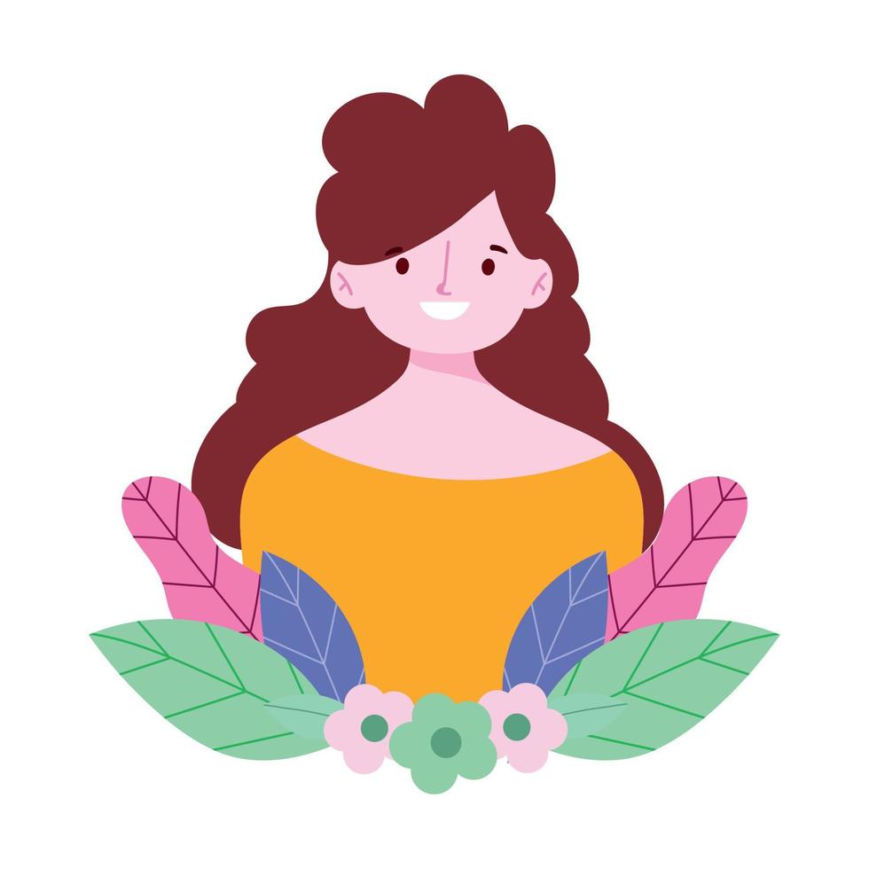 jeune femme personnage fleurs feuilles feuillage icône design vecteur