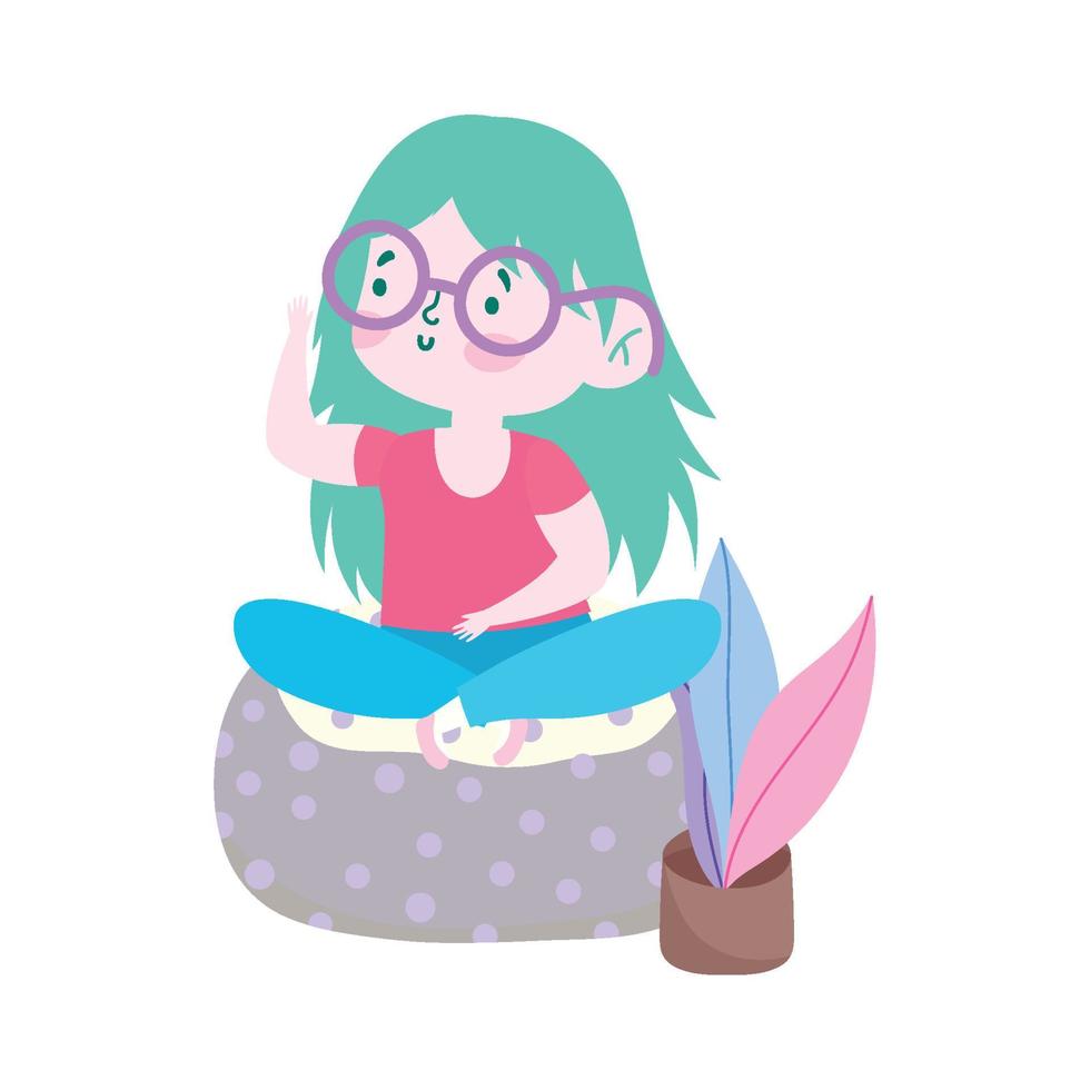 petite fille avec des lunettes assise sur un coussin avec un dessin animé de décoration végétale vecteur