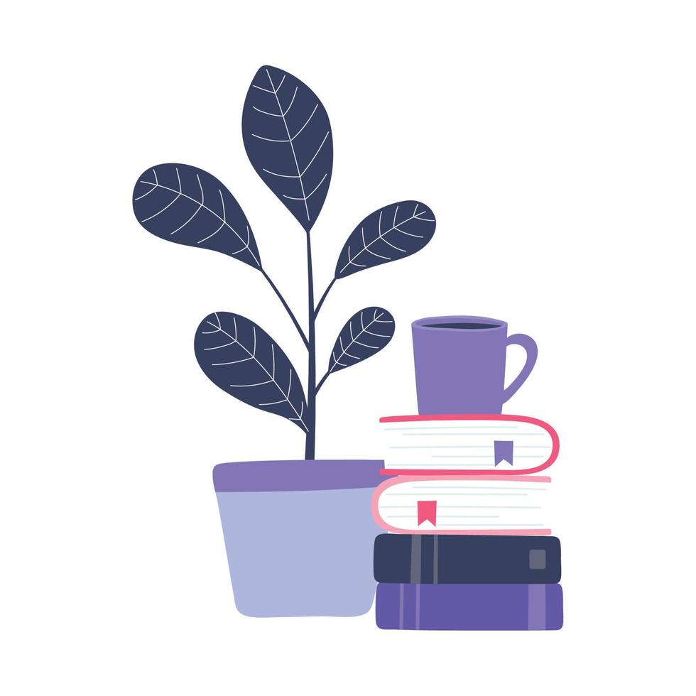 formation en ligne, tasse à café sur des livres empilés et végétaux, éducation et cours d'apprentissage numérique vecteur