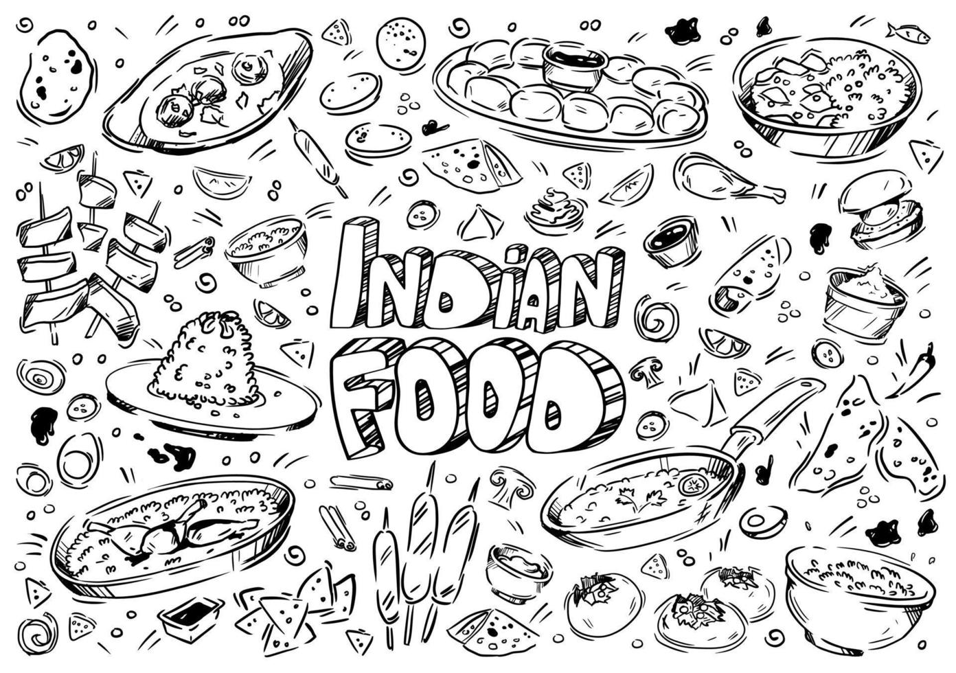 illustration vectorielle dessinés à la main. doodle nourriture indienne, poulet, masala, naan, kebab, pilaf, galette, agrumes, curry, épices, pommes de terre, viande, riz, légumes, sauces vecteur