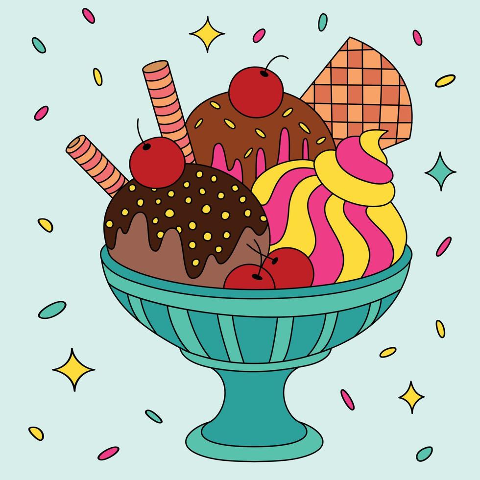 desserts à la crème glacée de délicatesse sur une tasse de verre à colorier illustrations vectorielles illustration plate vecteur